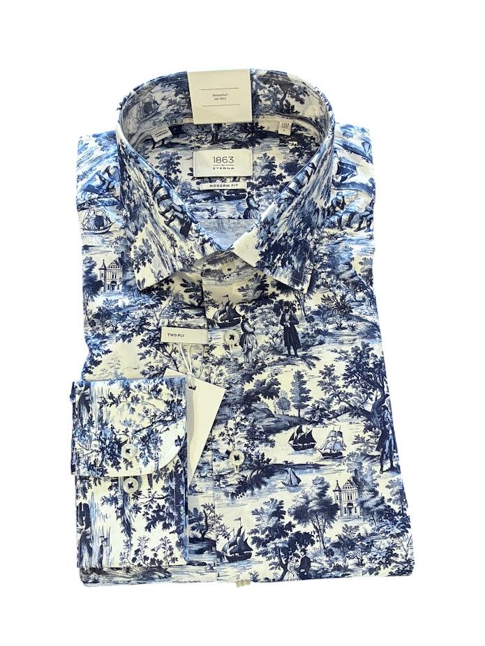 Eterna Modern Fit Premium Printed Twill Dress Shirt: Blue