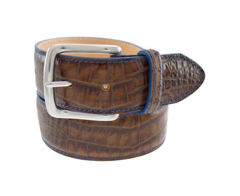 T.B. Phelps Travis Croc Leather Belt: Briar Brown with Blue Edge