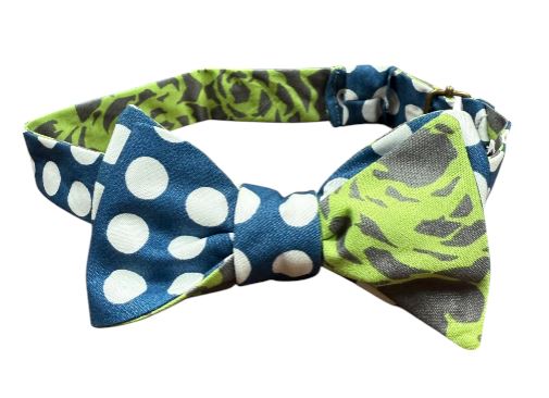 Blue White Dot/Green Grey Floral Cotton Reversible Bowtie