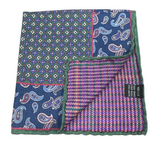 R Hanauer Green/Navy Reversible Briarwood Patchhwork Pocket Square