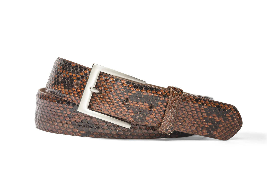 W. Kleinberg Python Belt with Brushed Nickel Buckle: Glazed Cognac Diamond