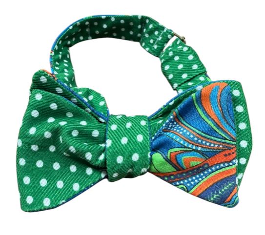 Green with White Dot/ Blue Paisley Reversible Bowtie