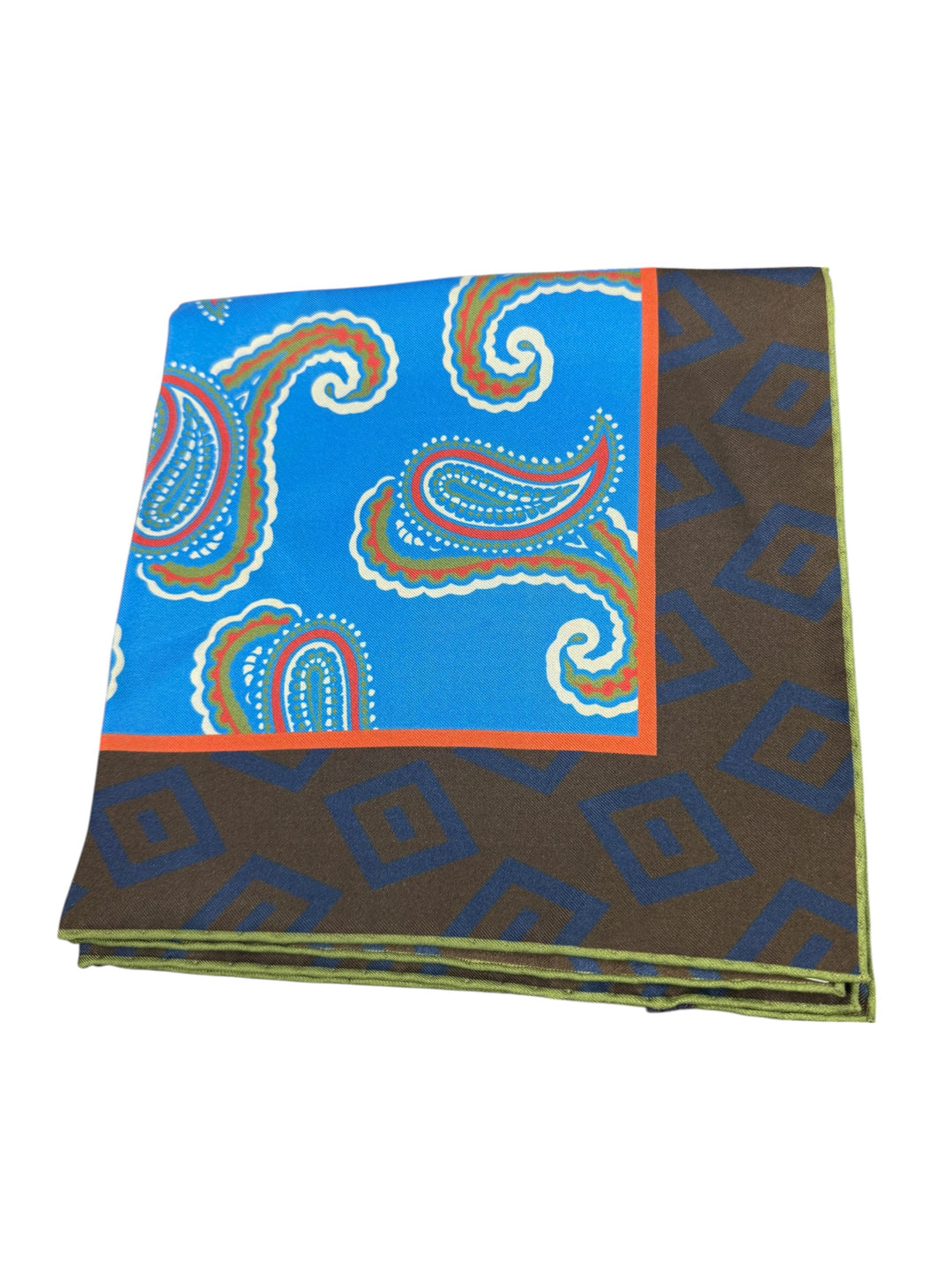 Seaward and Stearn Reversible Silk Pocket Square: Brown/Blue/Orange Big Paisley