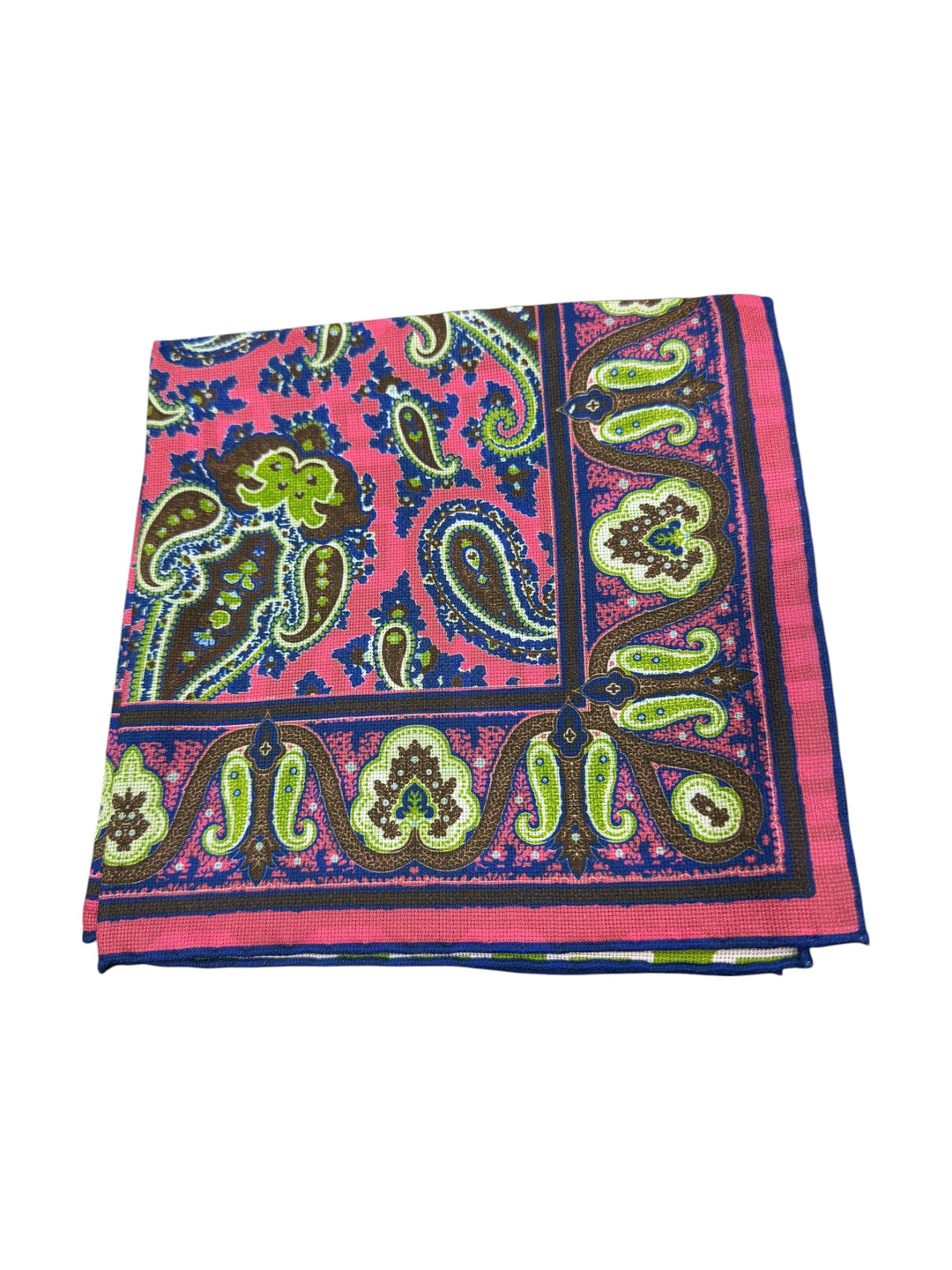 Seaward and Stearn Reversible Pocket Sq: Pink/Brown/Green Paisley & Geo Squares