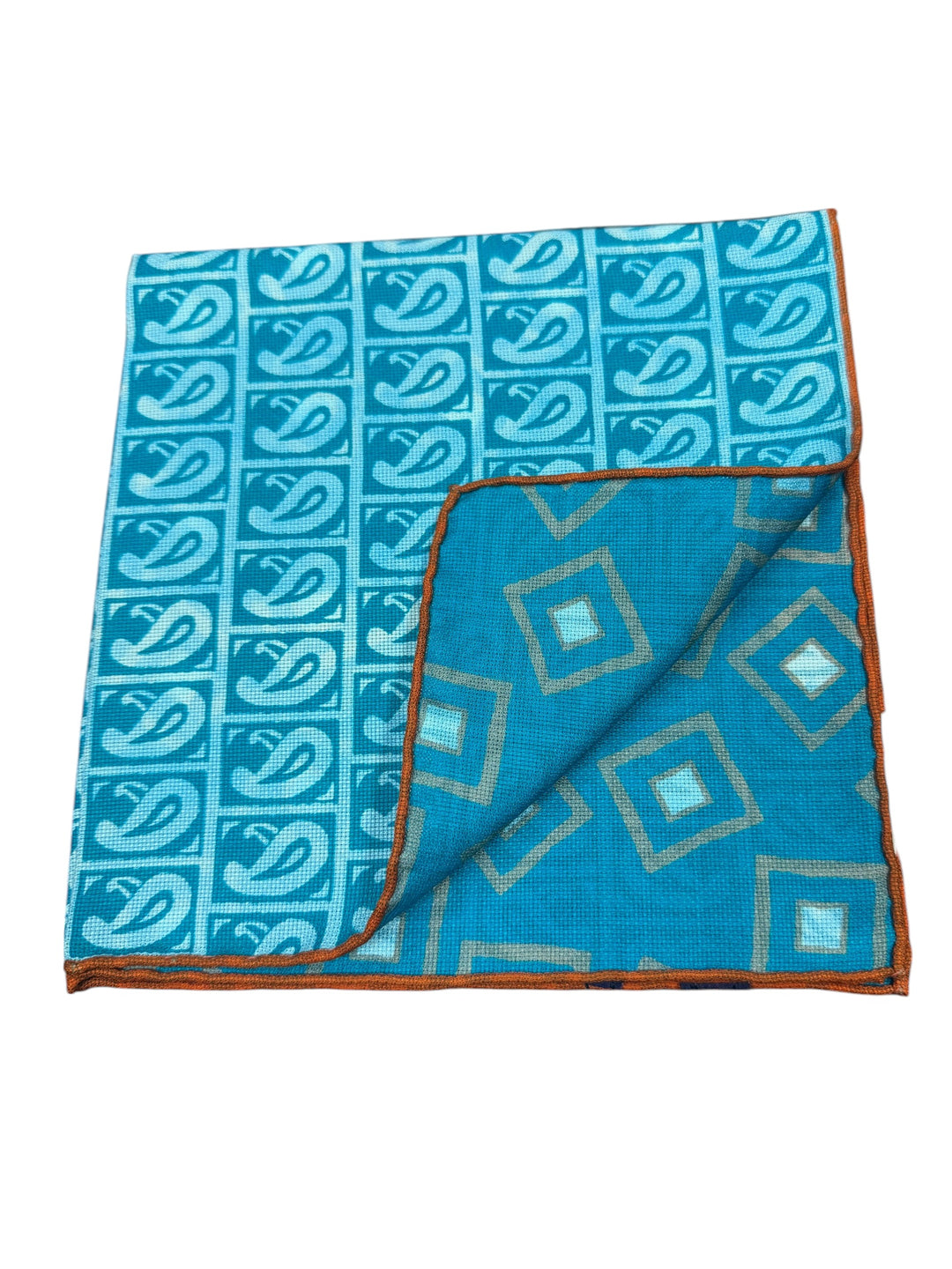 Seaward and Stearn Reversible Pocket Sq: Teal/Orange Paisley & Geo Squares