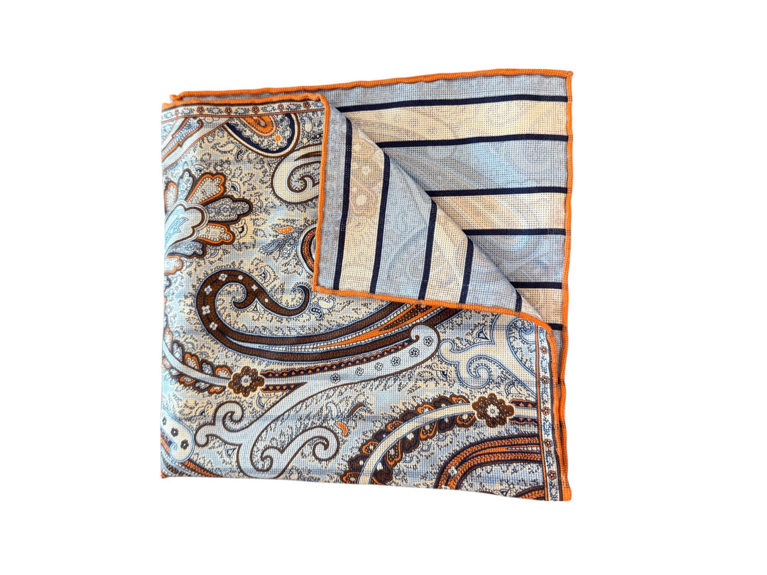 Seaward and Stearn Reversible Pocket Sq: Blue/coral/brown Paisley & Stripe