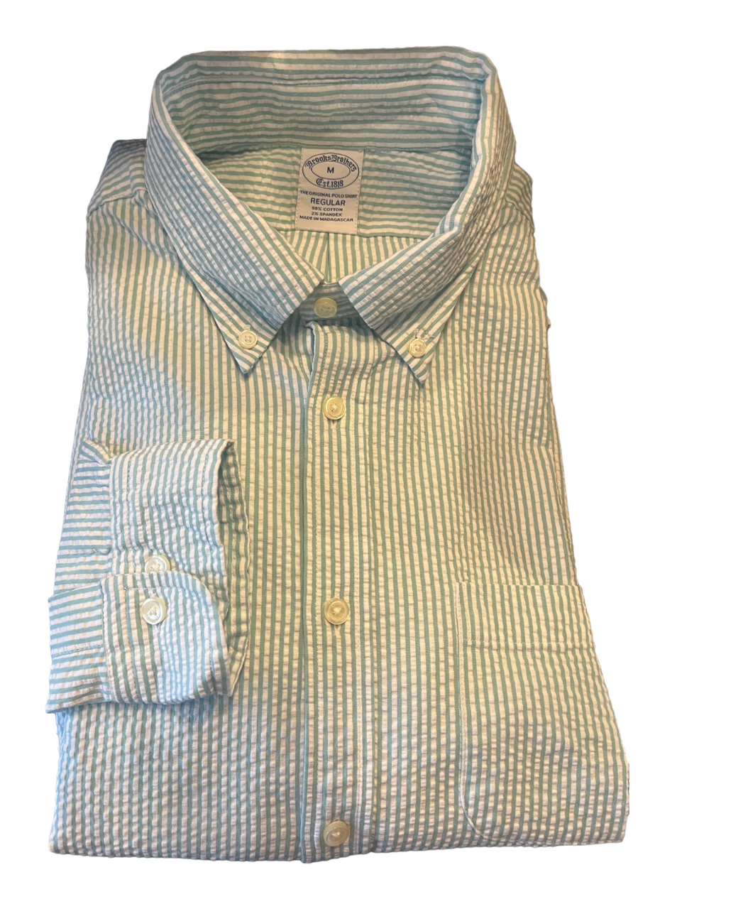 Brooks Brothers Washed Cotton Seersucker Button-Down Collar, Stripe Long-Sleeve Sport Shirt: Aqua