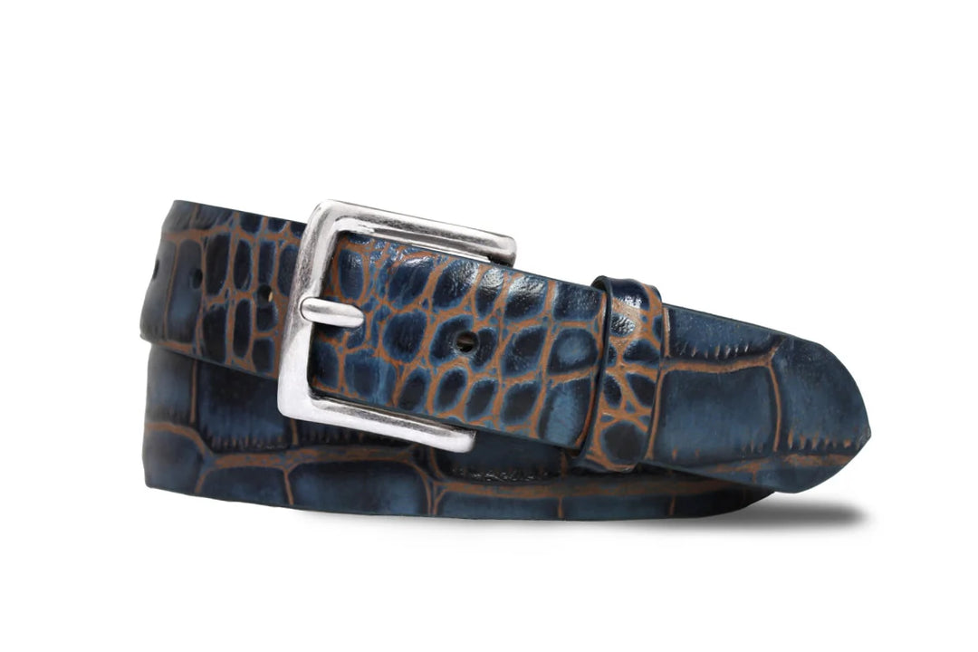 W. Kleinberg Two-Toned Embossed Crocodile Belt: Indigo Tan
