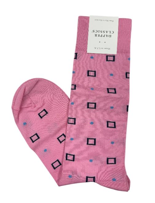 Dapper Classics Pink with Indigo Blue Square and Dot Cotton Sock