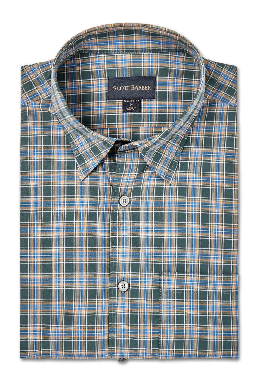 Scott Barber Organic Poplin Casual Plaid Sport Shirt: Pine