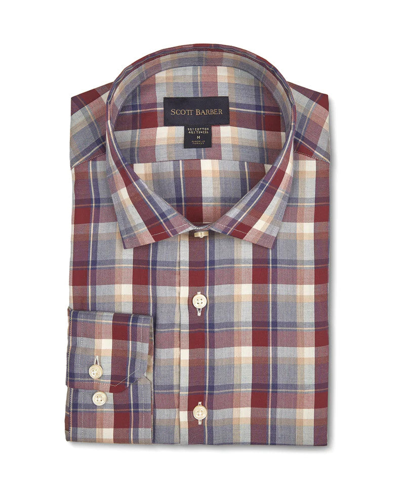 Scott Barber Collegiate Plaid Sport Shirt: Burgundy