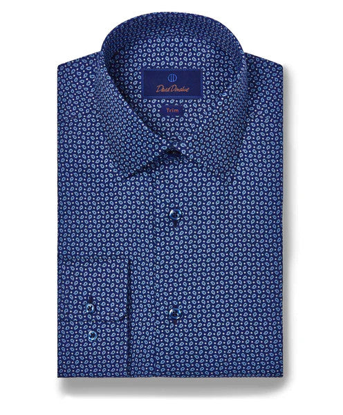 David Donahue Navy Pine Print Dress Shirt: Navy 18.5 / 34/35 David Donahue Navy Pine Print Dress Shirt: Navy 18.5 / 34/35
