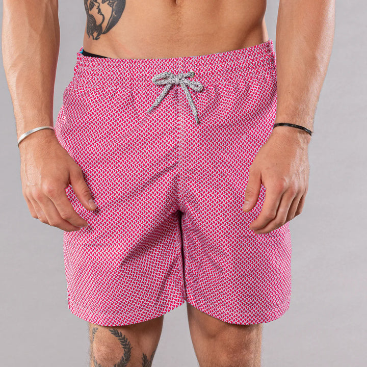 Michael's Men's Cyclist Liner Swim Trunks - Wave Print Coral/Turquoise