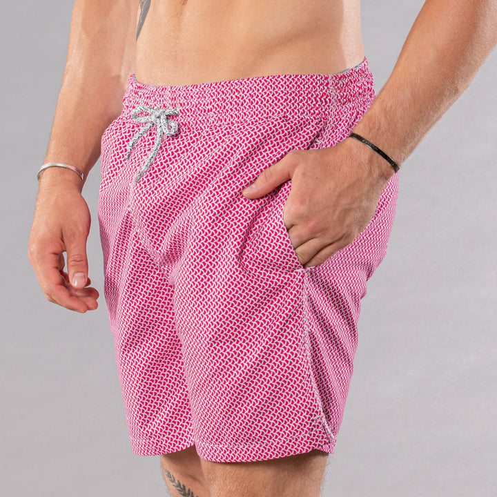 Michael's Men's Cyclist Liner Swim Trunks - Wave Print Coral/Turquoise