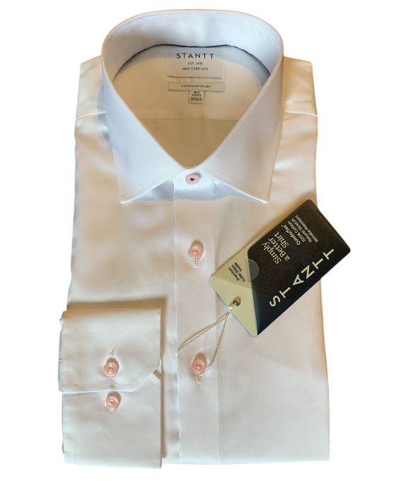 Stantt Ready To Wear White Twill Dress Shirt: Modified Spread Collar w/ Pink Button