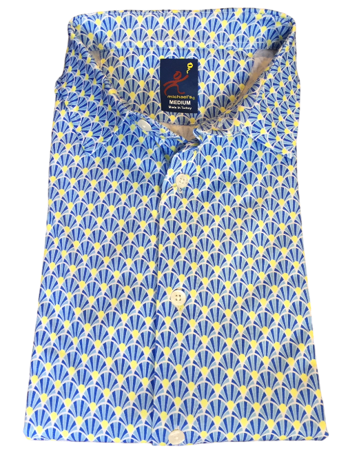 Michael's Men's Printed Pima Cotton / Stretch Full Button Front Shirt - Royal Blue/Yellow Fans