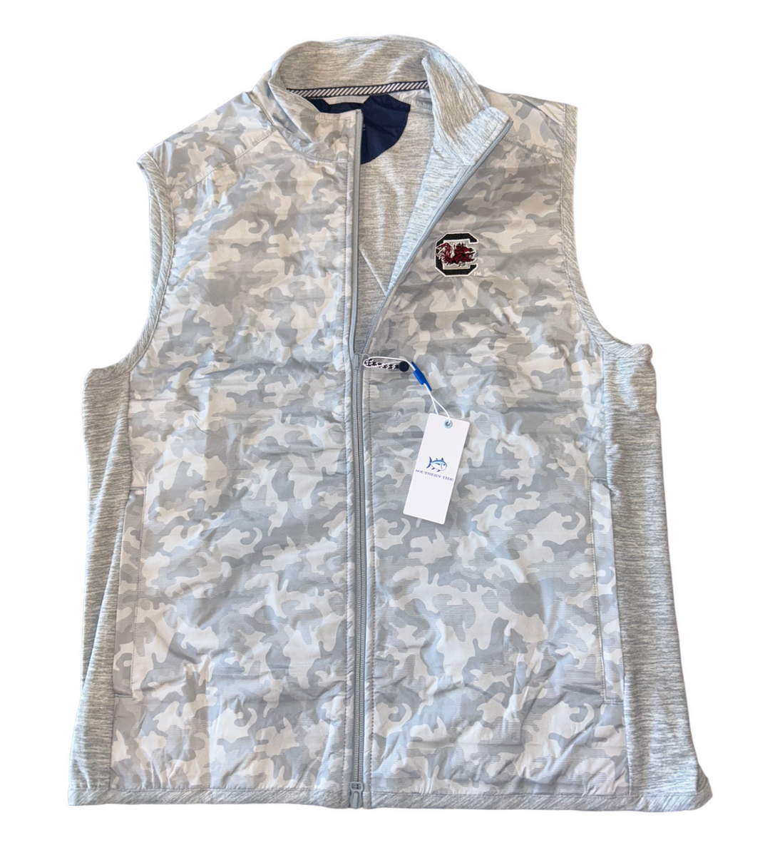 Southern Tide University of South Carolina Abercorn Camo Vest: Gravel Grey: USC Block