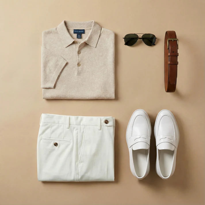 Scott Barber Fine Gauge Bouclé Knit Polo: Flax