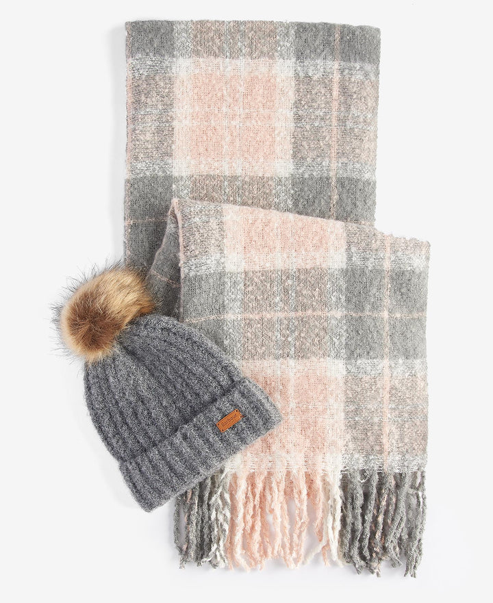 Barbour Saltburn Beanie & Tartan Scarf Gift Set: Grey Rose