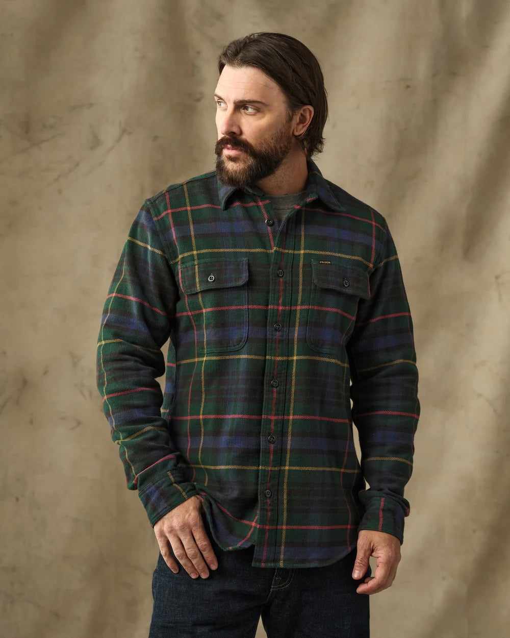 Filson Vintage Flannel Work Shirt: Green/Navy Plaid