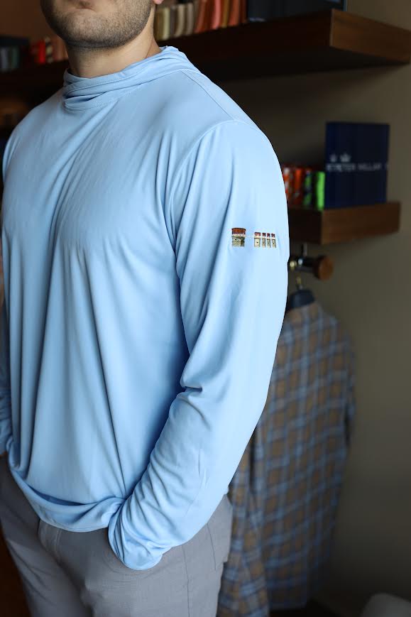 Peter Millar Featherweight Performance Sun Shirt Hoodie Lake Murray Dam Towers: Cottage Blue