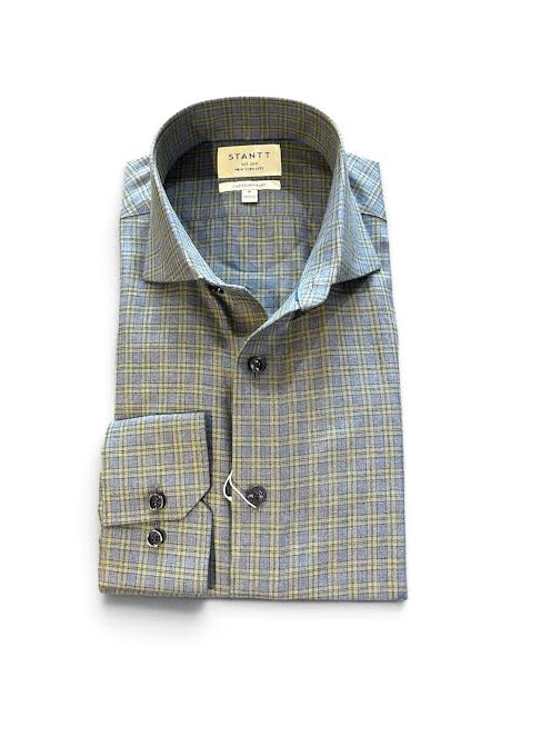 Stantt Ready To Wear Dusty Blue and Pistachio Herringbone Stacked Check Sport Shirt