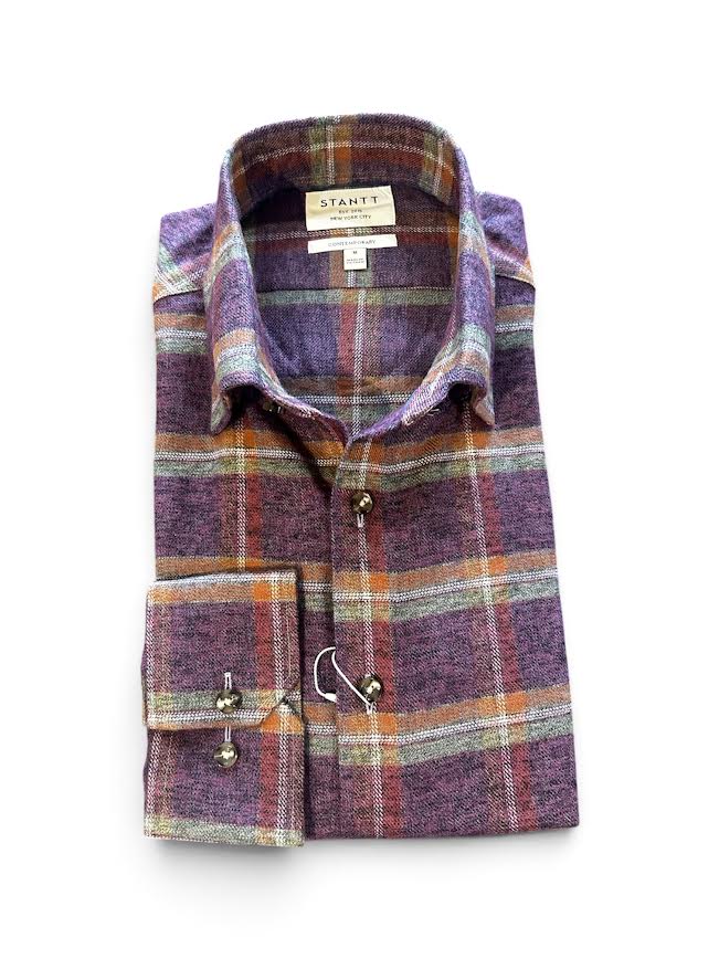 Stantt Ready To Wear Moss and Burnt Orange on Eggplant Plaid Flannel Sport Shirt