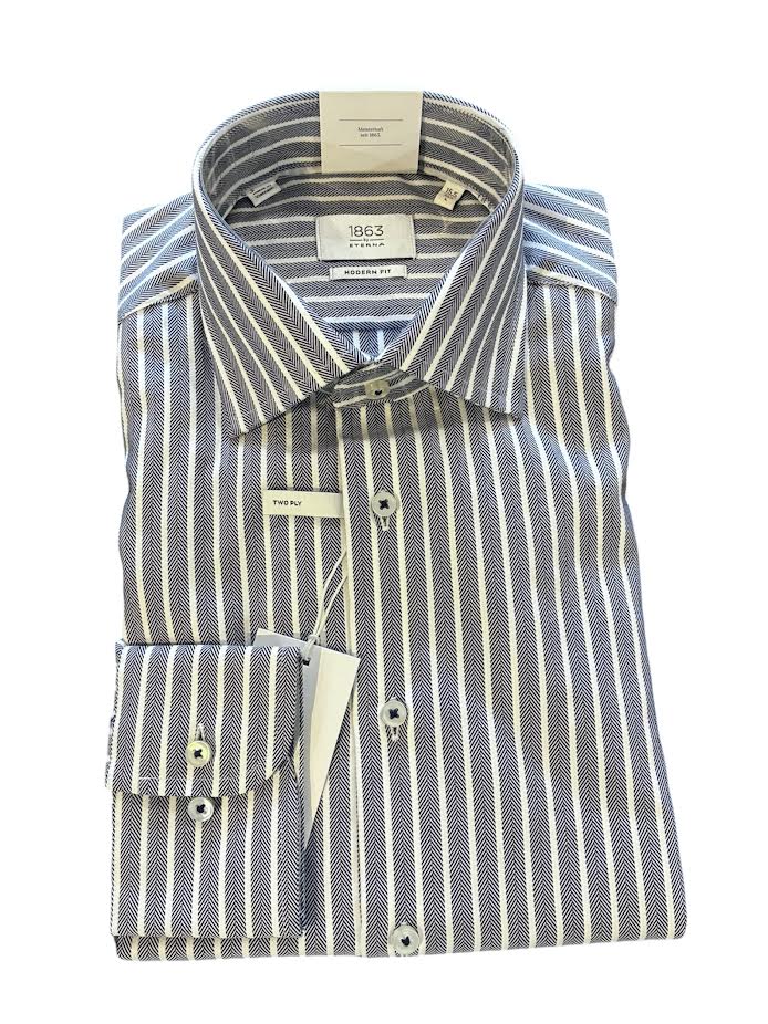 Eterna Modern Fit Herringbone Stripe with Kent Collar: Navy Stripe