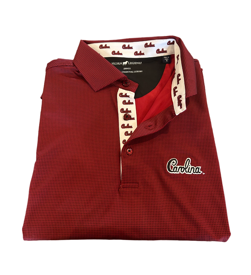 Horn Legend University of South Carolina Houndstooth Garnet/Black Polo: Carolina Script