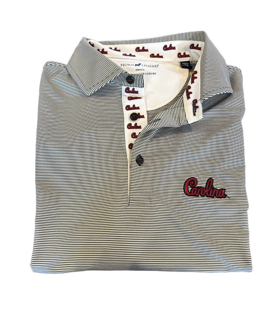 Horn Legend University of South Carolina Charcoal/White Stripe Polo: Script Logo