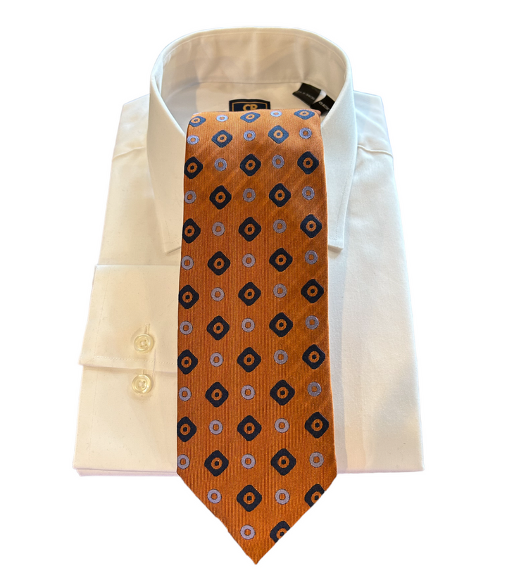 Seaward and Stearn Orange/Navy Geo Circle Tie