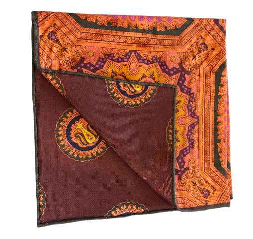 Seaward and Stearn Reversible Medallions Pocket Square: Orange/Magenta/Brown