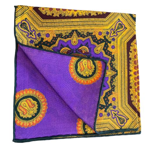 Seaward and Stearn Reversible Medallions Pocket Square: Gold/Purple/Crimson