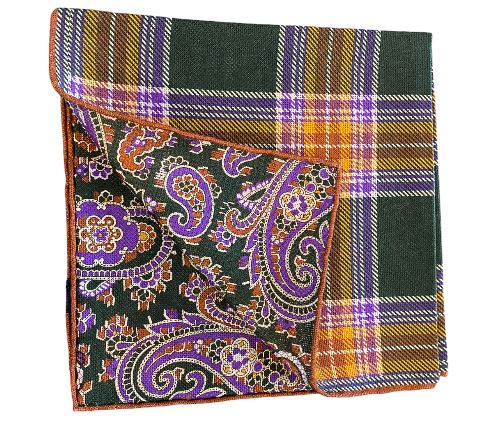 Seaward and Stearn Reversible Plaid Pocket Square: Gold/Purple/Gren