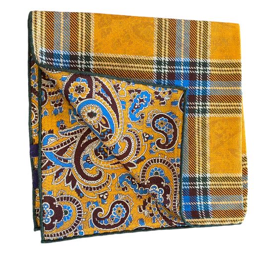 Seaward and Stearn Reversible Plaid Pocket Square: Gold/Blue/Green