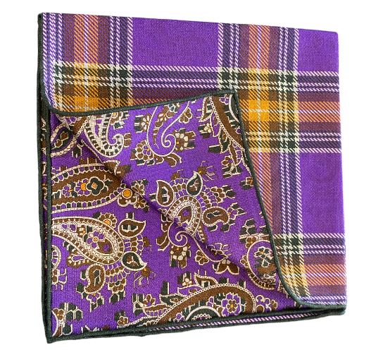 Seaward and Stearn Reversible Plaid Pocket Square: Purple/Gold/Green