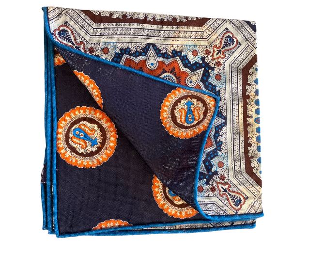 Seaward and Stearn Medallion Pocket Square: Rosewood/Blue