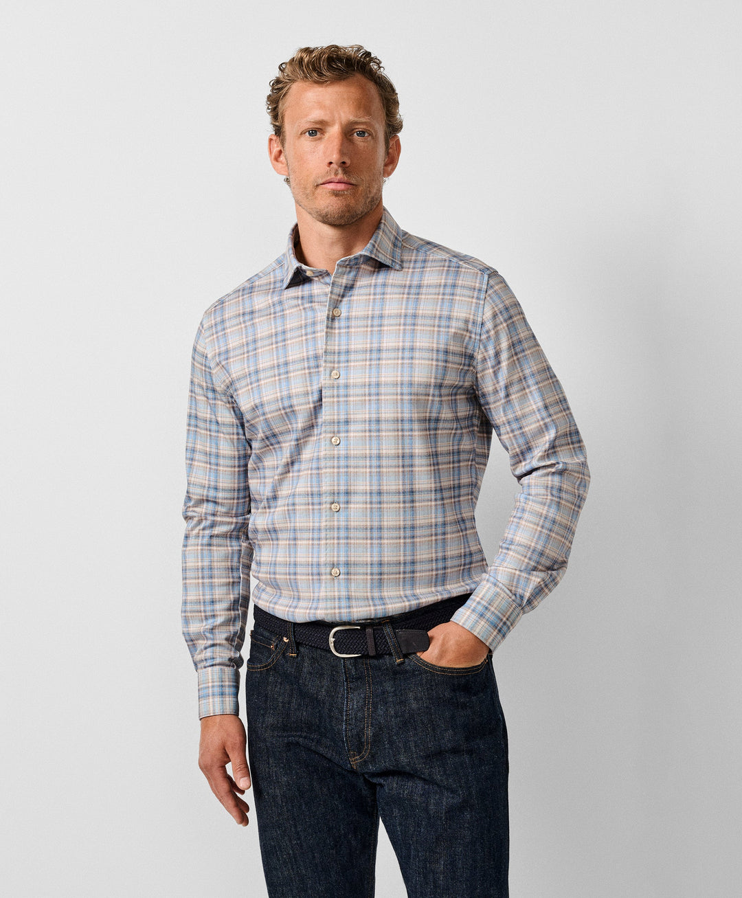 David Donahue Dune & Blue Plaid Knit Sport Shirt: Dune/Blue