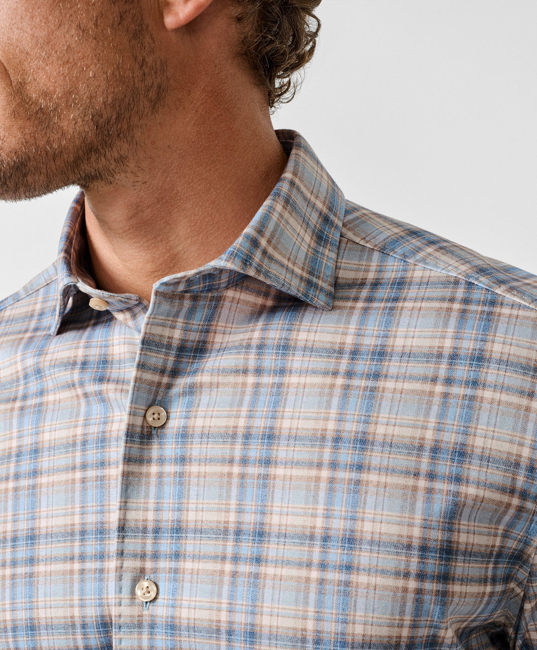 David Donahue Dune & Blue Plaid Knit Sport Shirt: Dune/Blue