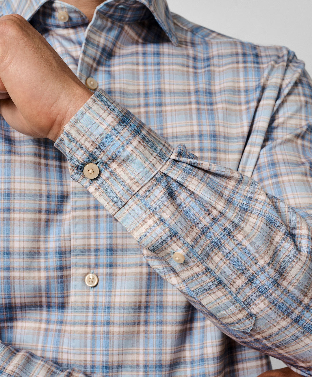 David Donahue Dune & Blue Plaid Knit Sport Shirt: Dune/Blue
