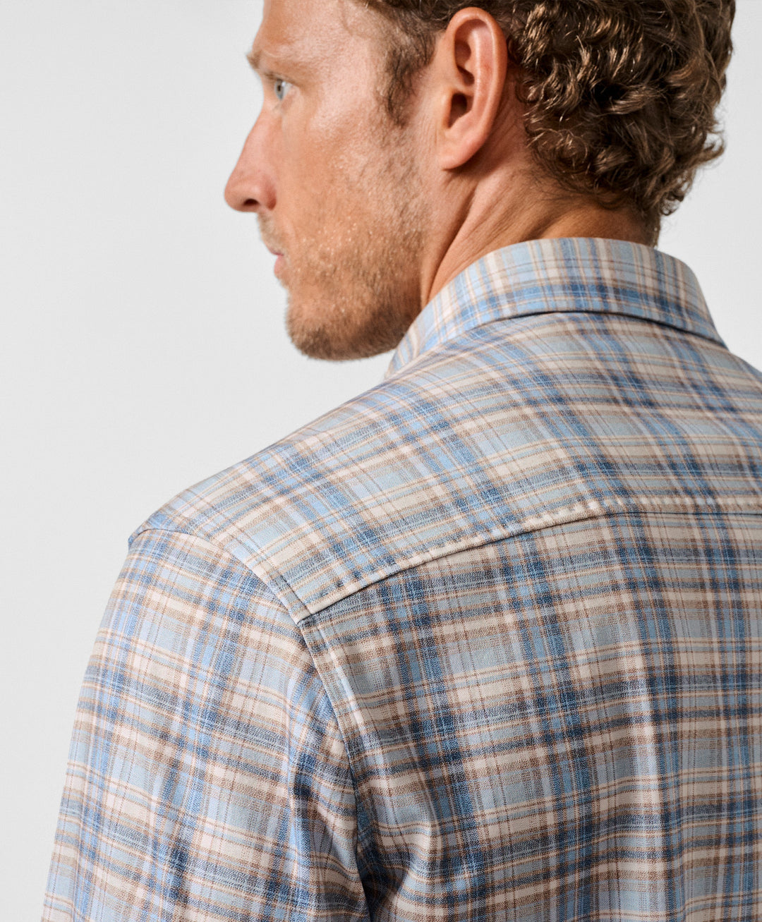 David Donahue Dune & Blue Plaid Knit Sport Shirt: Dune/Blue