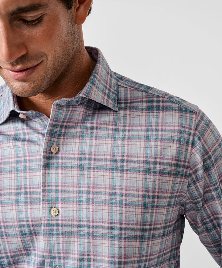 David Donahue Dune & Blue Plaid Knit Sport Shirt: Merlot/Blue