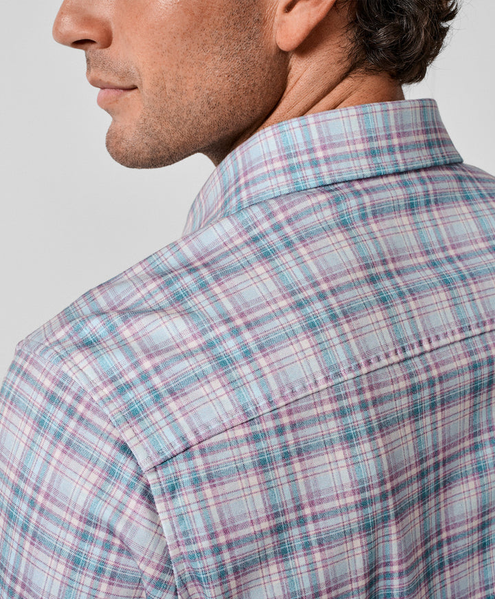 David Donahue Dune & Blue Plaid Knit Sport Shirt: Merlot/Blue