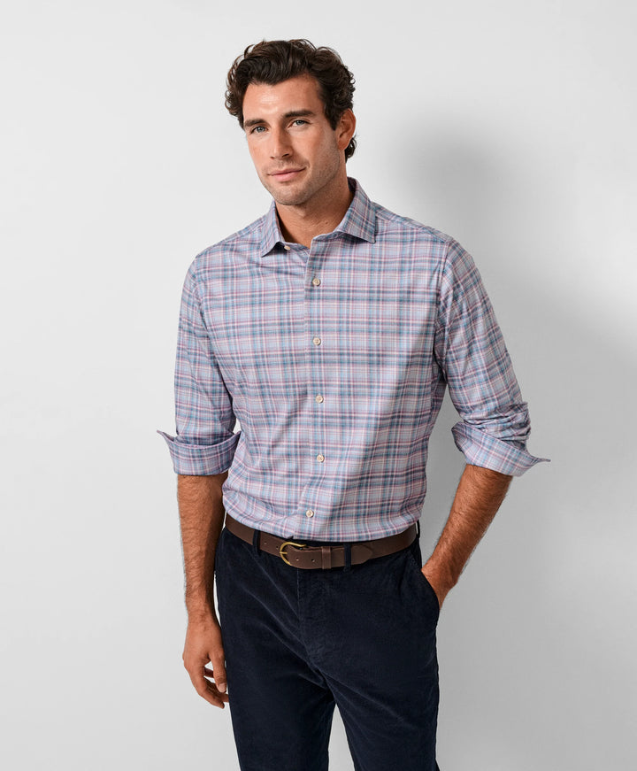 David Donahue Dune & Blue Plaid Knit Sport Shirt: Merlot/Blue