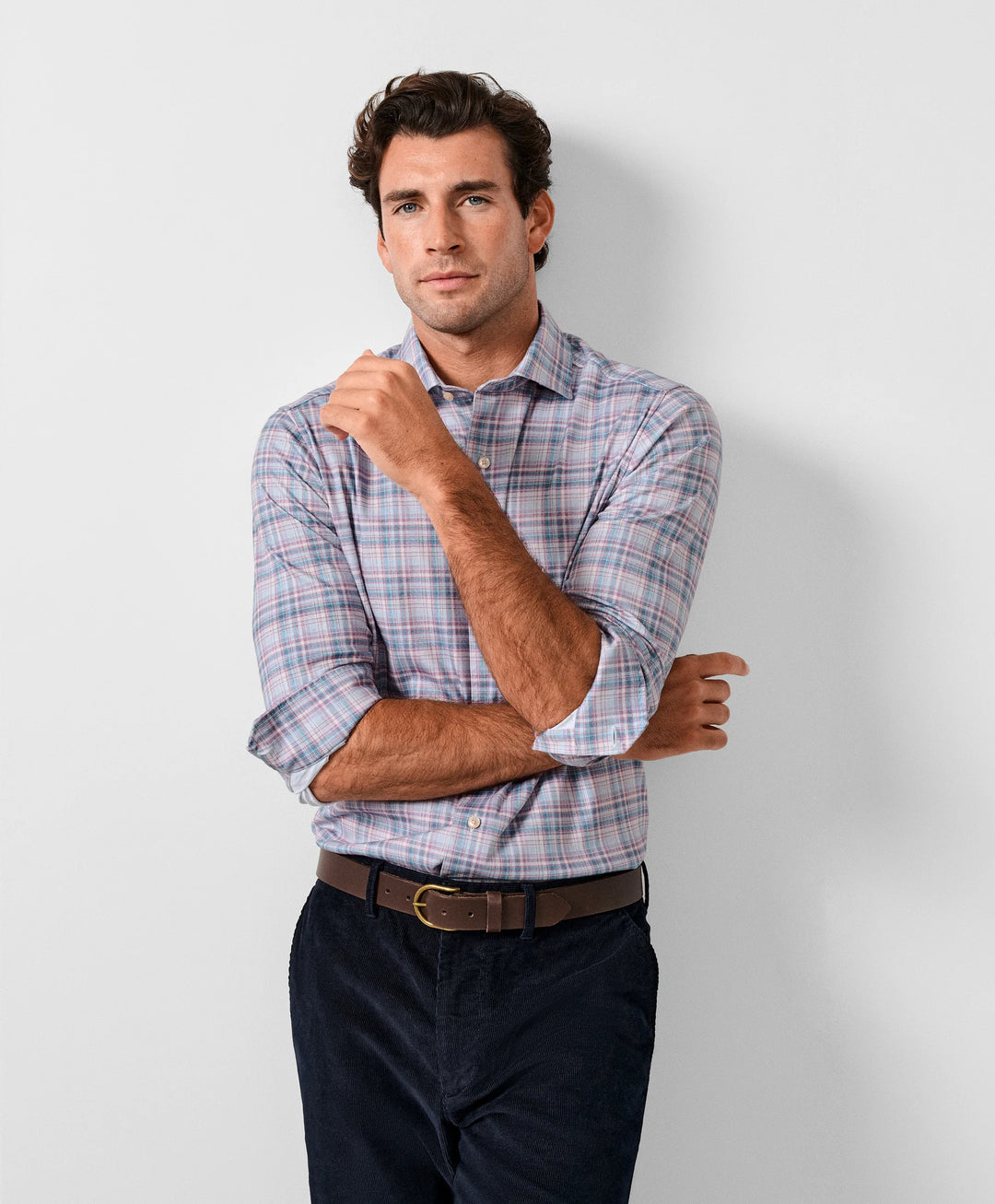 David Donahue Dune & Blue Plaid Knit Sport Shirt: Merlot/Blue