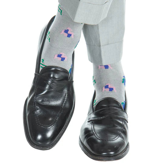 Dapper Classics Melange Gray with Jockey Silks Mid Calf Cotton Sock