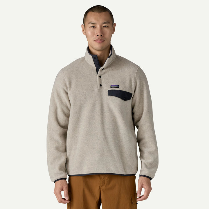 Patagonia Men's Lightweight Synchilla® Snap-T® Fleece Pullover: Oatmeal Heather w/ Smolder Blue