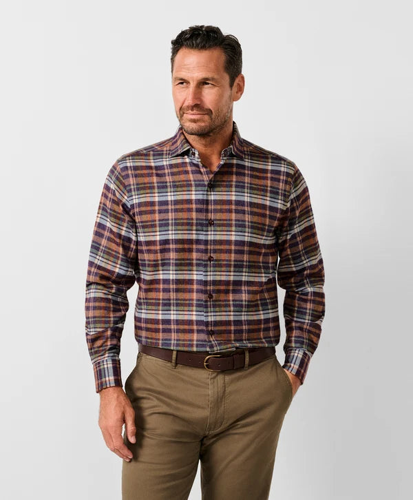 David Donahue Merlot & Multi Brushed Plaid Sport Shirt