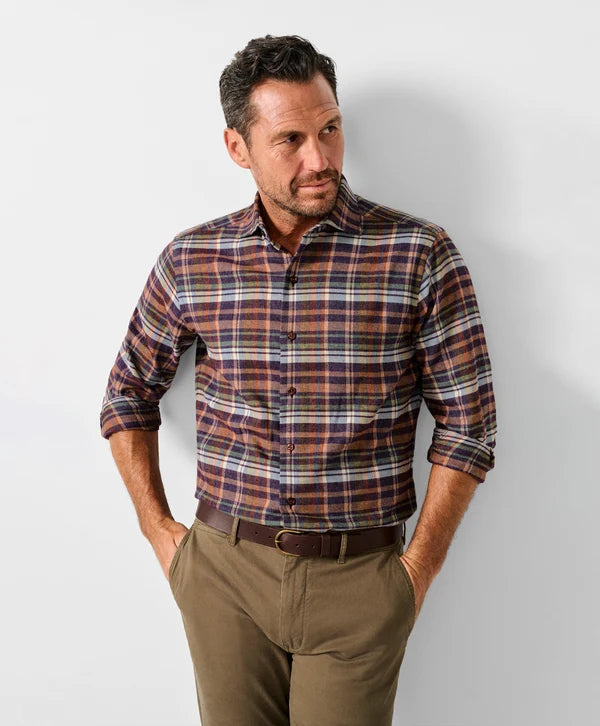 David Donahue Merlot & Multi Brushed Plaid Sport Shirt
