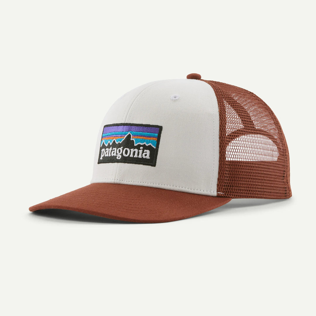 Patagonia P-6 Logo Trucker Hat: White w/ Rusty Red